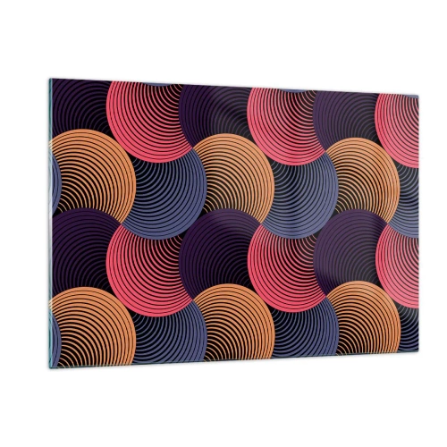 Obraz na szkle - Kolorowe koncentryczne okręgi tworzące geometryczny wzór - 120x80cm - W kolistym rytmie - Nowoczesna dekoracja ścienna do salonu, kuchni i sypialni ARTTOR