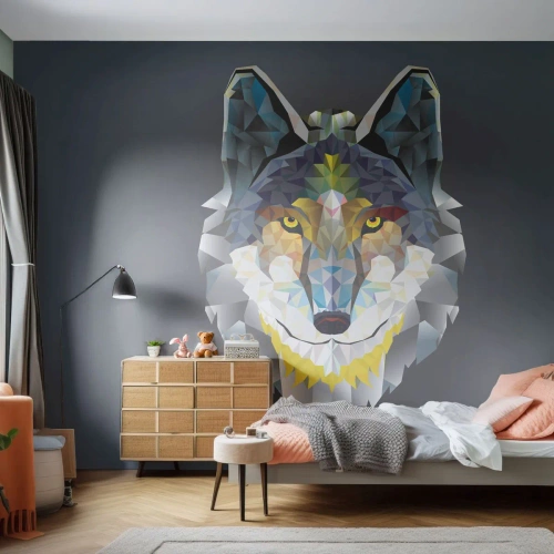 Fototapeta Premium Canvas - Geometryczny wizerunek wilka na szarym tle - 100x70cm - O wilku mowa - Nowoczesna dekoracja ścienna do salonu i sypialni ARTTOR