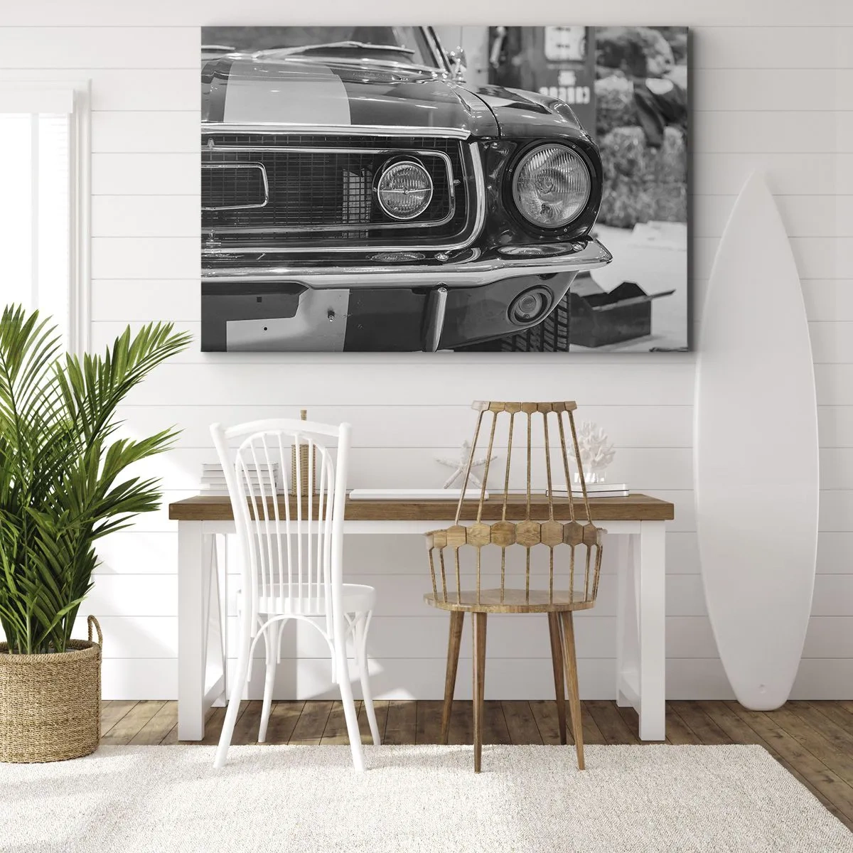 Obraz na płótnie - Czarno-biała maska klasycznego samochodu - 70x50cm - Ostra jazda - Nowoczesna dekoracja ścienna do salonu i sypialni ARTTOR