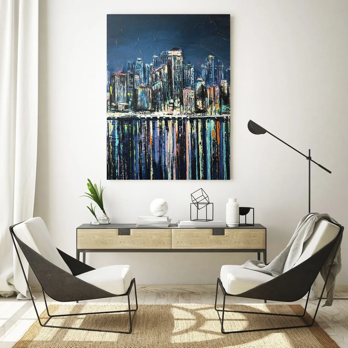 Obraz na szkle - Panorama miasta nocą z odbiciem świateł w wodzie - 50x70cm - Kaskada swiateł - Nowoczesna dekoracja ścienna do salonu, kuchni i sypialni ARTTOR