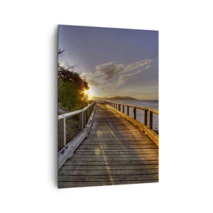 Obraz na płótnie - Drewniany pomost prowadzący w stronę zachodu słońca nad wodą - 70x100cm - Iść, ciągle iść w stronę słońca - Nowoczesna dekoracja ścienna do salonu i sypialni ARTTOR