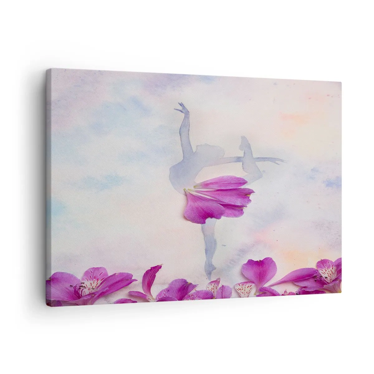 Obraz na płótnie - Tancerka w sukni z płatka kwiatu na tle pastelowym - 70x50cm - Delikatna jak kwiat - Nowoczesna dekoracja ścienna do salonu i sypialni ARTTOR