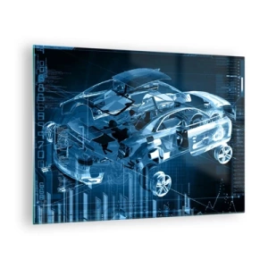Obraz na szkle - Schemat technologiczny samochodu w stylu futurystycznym - 70x50cm - Inżynierska anatomia - Nowoczesna dekoracja ścienna do salonu i sypialni ARTTOR