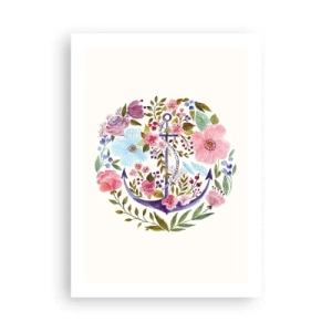 Plakat - Akwarelna kotwica otoczona kwiatami na jasnym tle - 50x70cm - Dobry sen żeglarza - Nowoczesna dekoracja ścienna do salonu, kuchni i sypialni ARTTOR