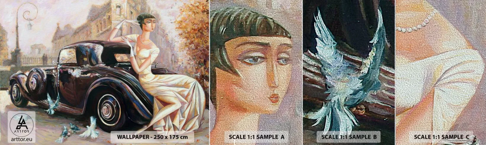 Fototapeta Próbka Premium Sand - Elegancja w stylu retro - Samochód Retro, Kobieta, Pałac - 100x30 cm