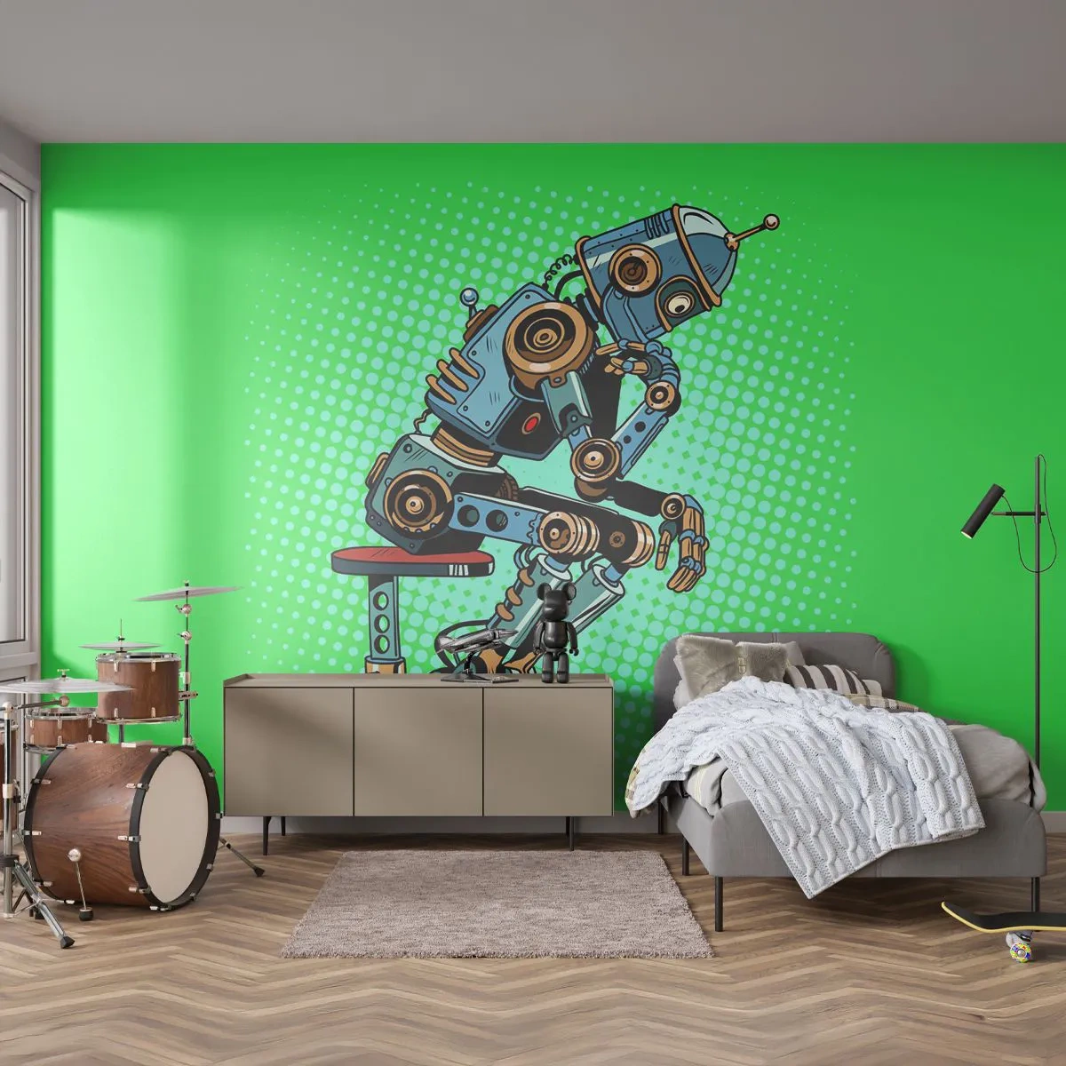Fototapeta Premium Sand - Myślący robot w stylu pop-art na zielonym tle - 100x70cm - Nad istotą bytu - Nowoczesna dekoracja ścienna do salonu, kuchni i sypialni ARTTOR
