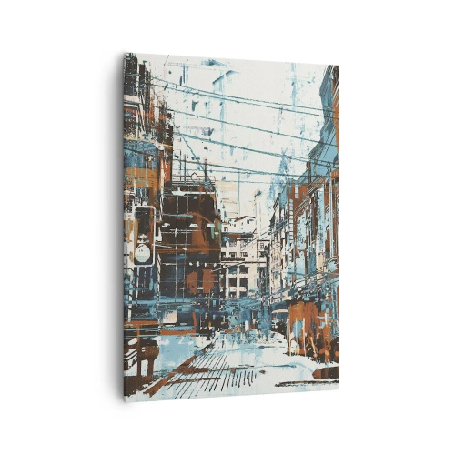 Obraz na płótnie - Miejski pejzaż w odcieniach niebieskiego i pomarańczu - 70x100cm - Przetarty miejski szlak - Nowoczesna dekoracja ścienna do salonu i sypialni ARTTOR