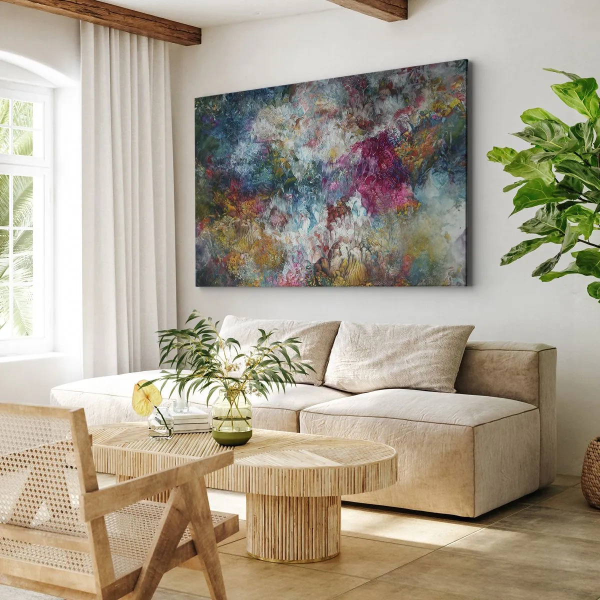 Obraz na płótnie - Kolorowa abstrakcja przypominająca kwiaty w rozkwicie - 70x50cm - W pełnym rozkwicie - Nowoczesna dekoracja ścienna do salonu i sypialni ARTTOR