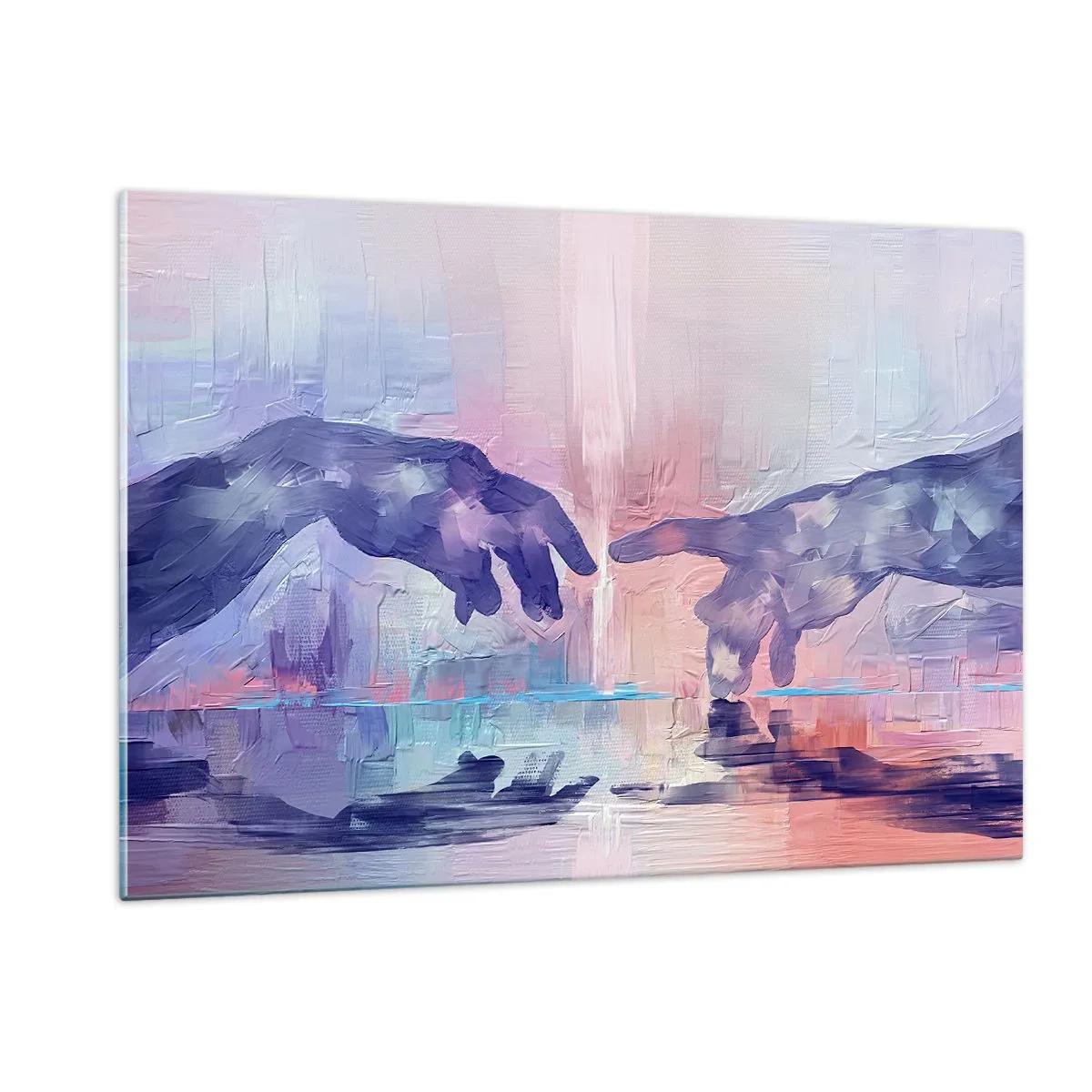 Obraz na szkle - Abstrakcyjne dłonie zbliżające się do siebie na tle pastelowym - 120x80cm - Boska iskra życia - Nowoczesna dekoracja ścienna do salonu, kuchni i sypialni ARTTOR