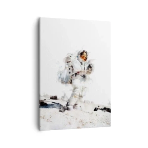 Obraz na płótnie - Astronauta na powierzchni Księżyca w białym skafandrze - 50x70cm - Wysłannik Ziemi - Nowoczesna dekoracja ścienna do salonu, kuchni i sypialni ARTTOR