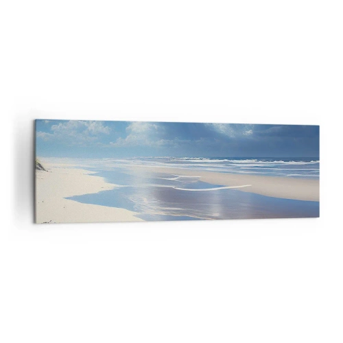 Obraz na płótnie - Piaszczysta plaża z falami pod błękitnym niebem - 160x50cm - Rajskie wakacje - Nowoczesna dekoracja ścienna do salonu i sypialni ARTTOR