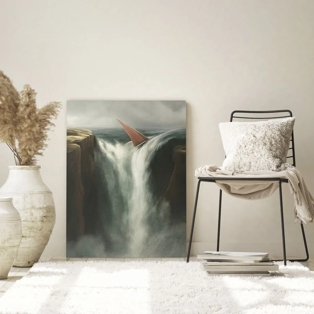 Obraz na szkle - Żaglówka spadająca z wodospadu w surrealistycznej scenerii - 70x100cm - Życiowa przestroga - Nowoczesna dekoracja ścienna do salonu i sypialni ARTTOR