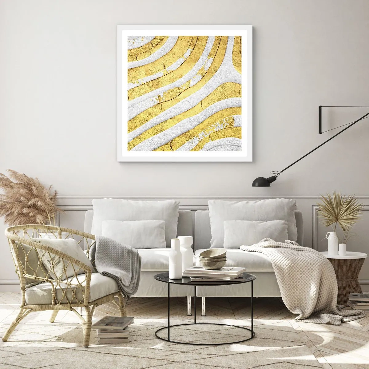 Plakat w białej ramie - Kompozycja w bieli i złocie - 30x30 cm