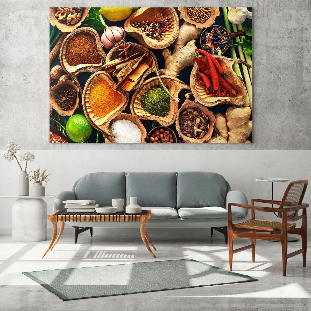 Obraz na szkle - Kolorowe przyprawy w naturalnych pojemnikach z dodatkami - 70x50cm - Bierz, co chcesz - Nowoczesna dekoracja ścienna do salonu i sypialni ARTTOR