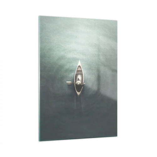 Obraz na szkle - Samotna łódka dryfująca po spokojnym, zielonkawym jeziorze - 50x70cm - Przez księżycowe jezioro - Nowoczesna dekoracja ścienna do salonu, kuchni i sypialni ARTTOR