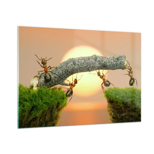 Obraz na szkle - Mrówki budujące most o zachodzie słońca - 100x70cm - Radosna, wspólna praca - Nowoczesna dekoracja ścienna do salonu, kuchni i sypialni ARTTOR
