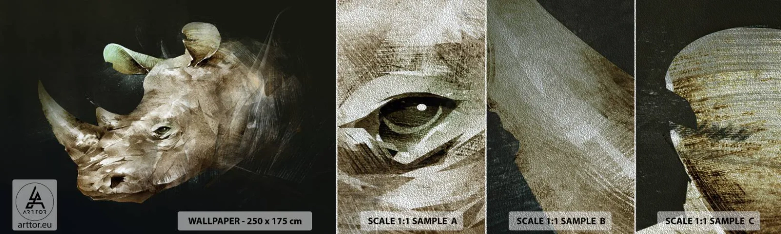 Fototapeta Próbka Premium Sand - Prawdziwie męska siła - Abstrakcja, Nosorożec, Zwierzęta - 100x30 cm