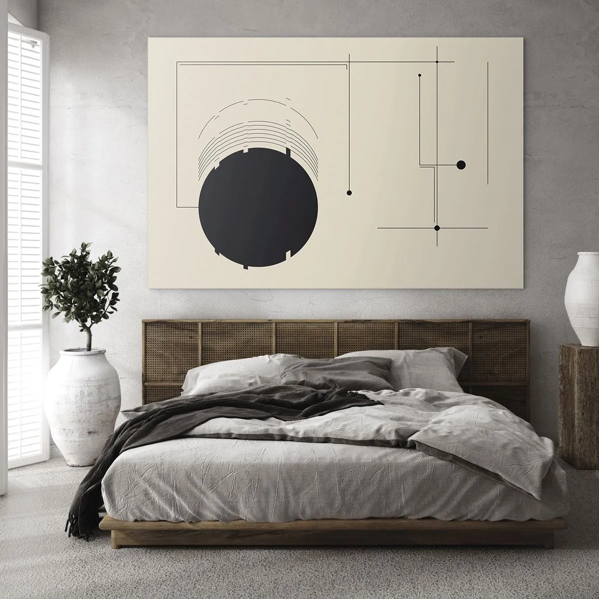 Obraz na szkle - Abstrakcyjna kompozycja z czarnym kołem i geometrycznymi liniami - 70x50cm - Sprężysta i dynamiczna kompozycja - Nowoczesna dekoracja ścienna do salonu i sypialni ARTTOR