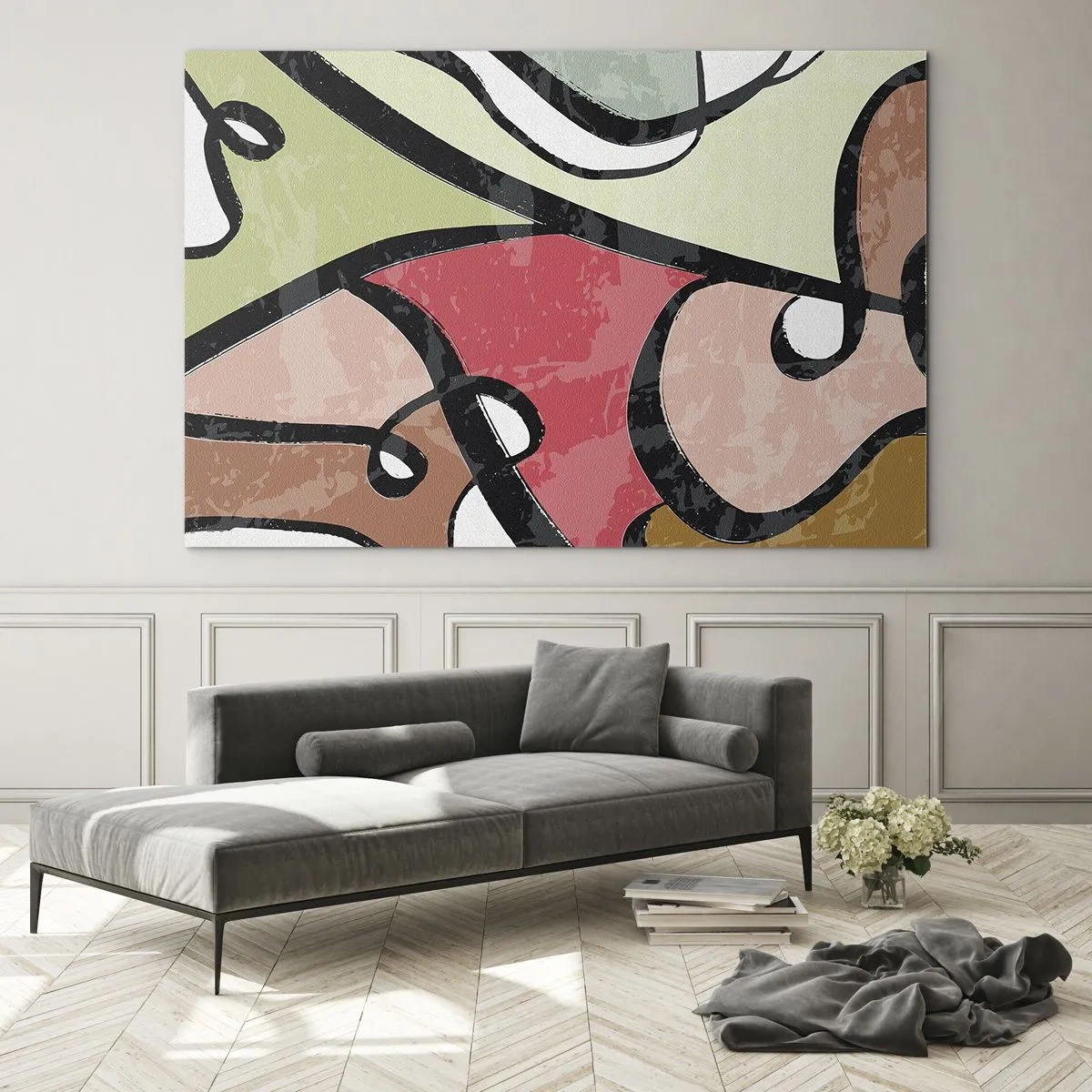 Obraz na szkle - Kolorowa abstrakcja z czarnymi liniami - 70x50cm - Piruety wśród barw - Nowoczesna dekoracja ścienna do salonu i sypialni ARTTOR