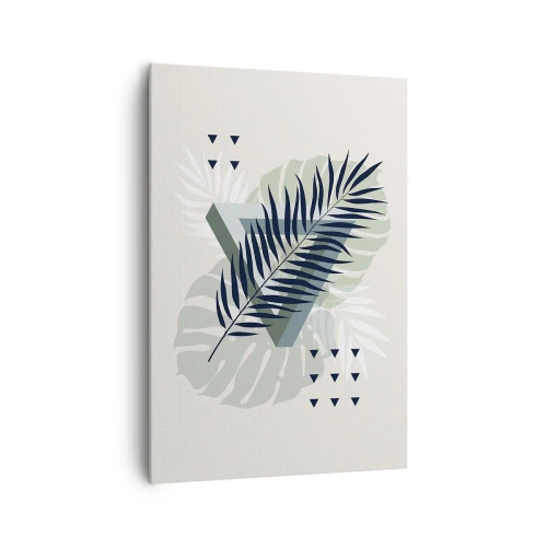 Obraz na płótnie - Geometryczna kompozycja z tropikalnymi liśćmi w odcieniach zieleni - 70x100cm - Natura i geometria – dwa porządki? - Nowoczesna dekoracja ścienna do salonu i sypialni ARTTOR