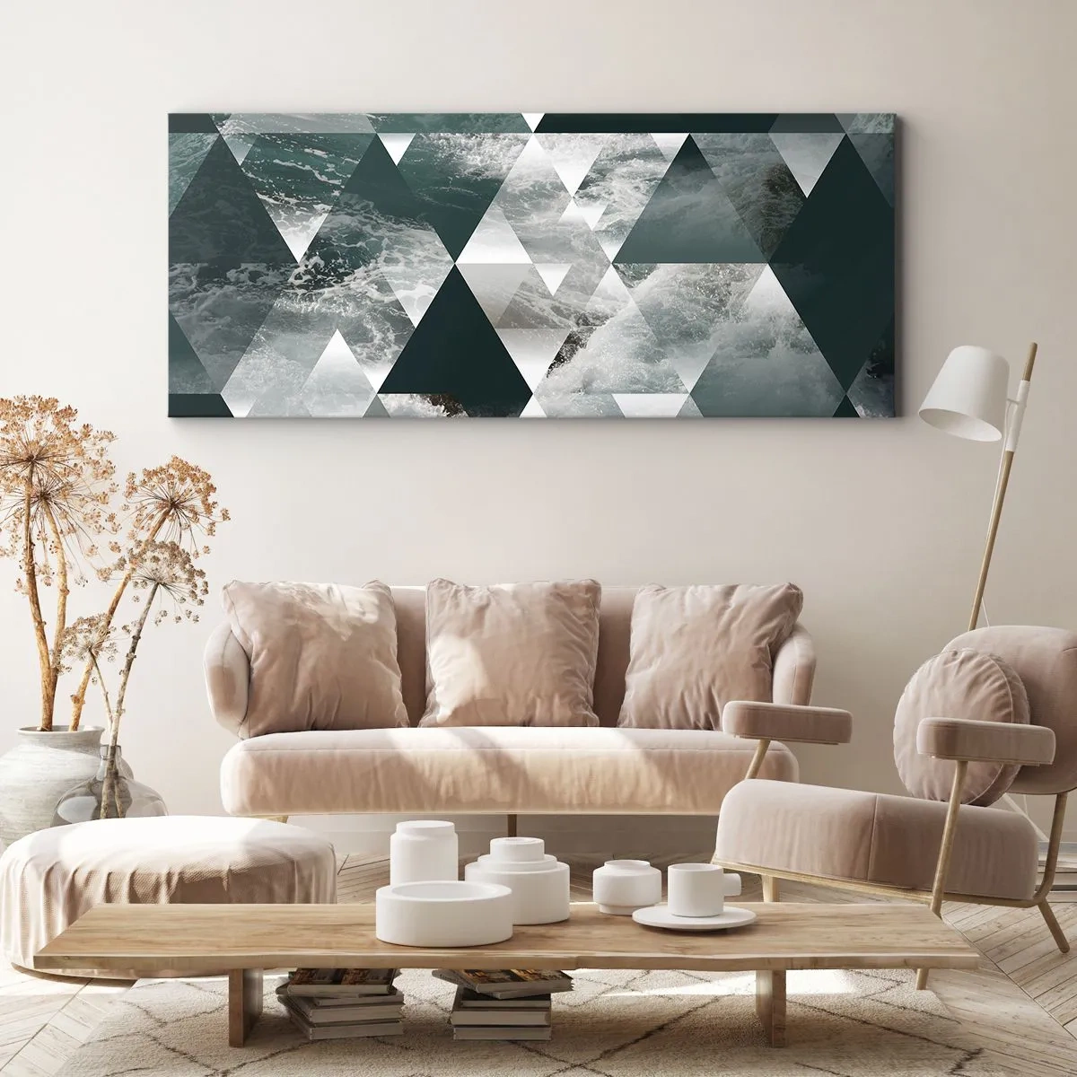 Obraz na płótnie - Geometryczny wzór z motywem fal w odcieniach zieleni - 160x50cm - Kryształowa perspektywa - Nowoczesna dekoracja ścienna do salonu i sypialni ARTTOR
