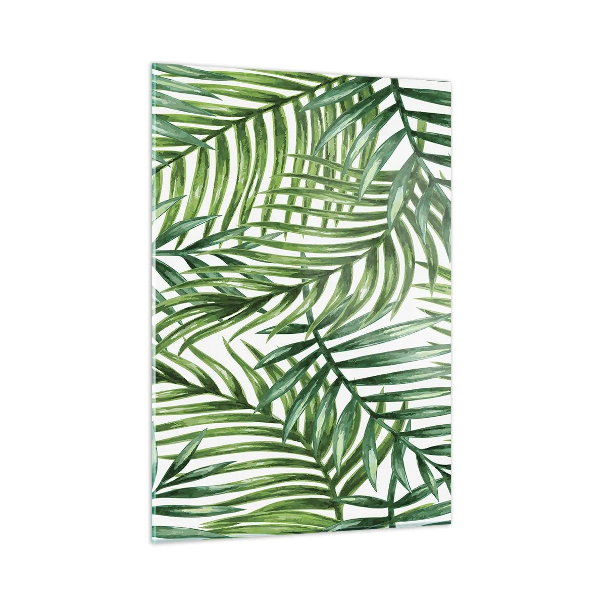 Obraz na szkle - Zielone liście palm na białym tle tworzące geometryczny wzór - 50x70cm - Pod zielonym baldachimem - Nowoczesna dekoracja ścienna do salonu, kuchni i sypialni ARTTOR