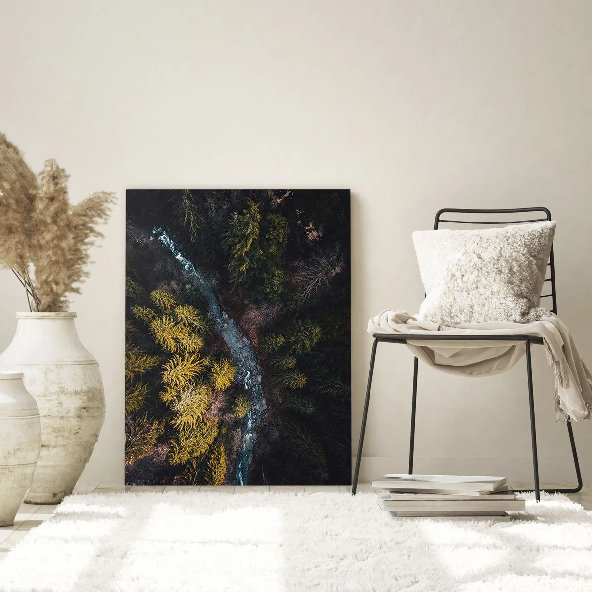 Obraz na szkle - Leśny krajobraz z lotu ptaka i wijącym się strumieniem - 50x70cm - Szybko, coraz szybciej - Nowoczesna dekoracja ścienna do salonu, kuchni i sypialni ARTTOR