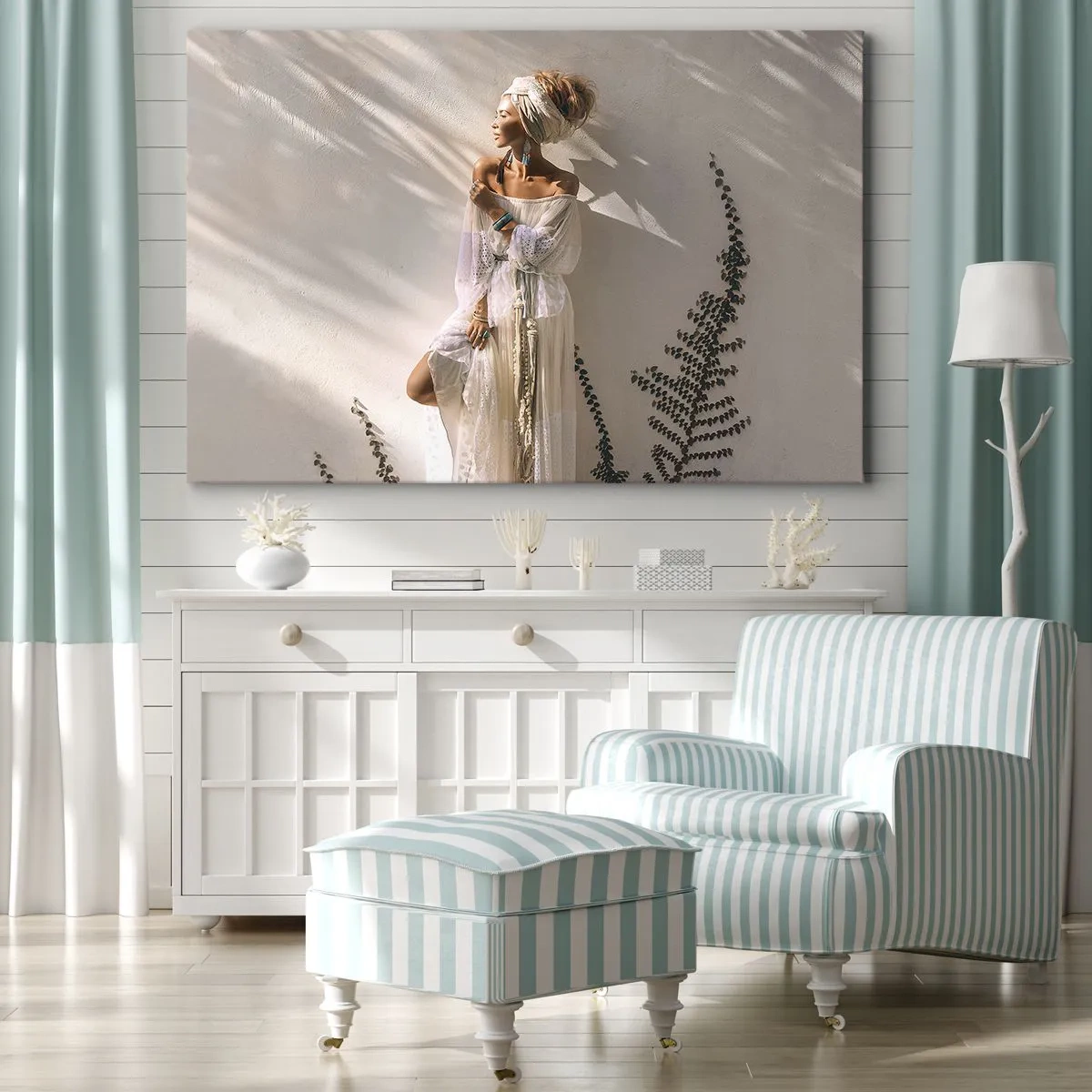 Obraz na płótnie - Kobieta w stylizacji boho oświetlona promieniami słońca - 70x50cm - Słońce i dziewczyna - Nowoczesna dekoracja ścienna do salonu i sypialni ARTTOR
