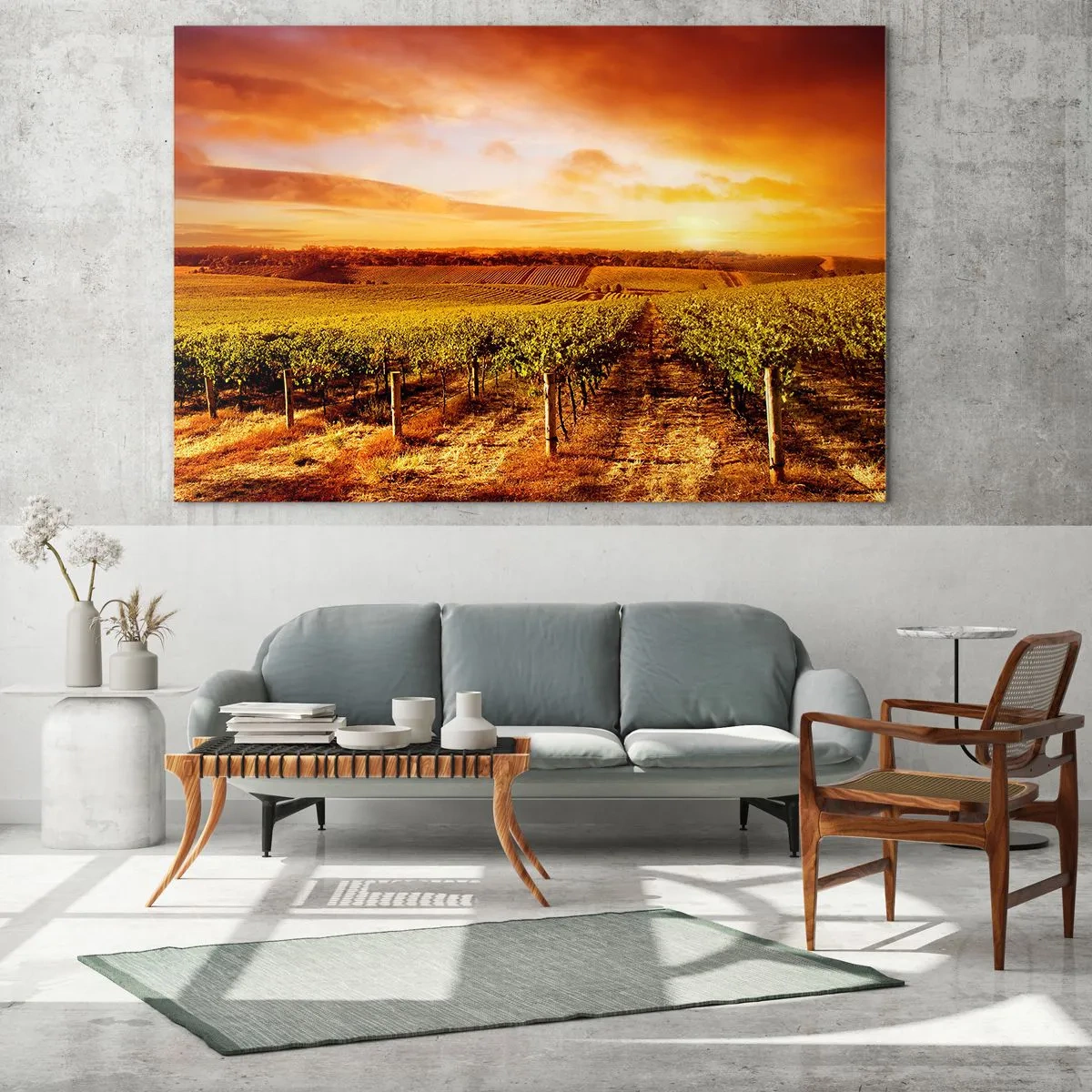 Obraz na szkle - Winorośla na polu o zachodzie słońca - 100x70cm - Delikatnie owocowe z nutą słońca - Nowoczesna dekoracja ścienna do salonu, kuchni i sypialni ARTTOR