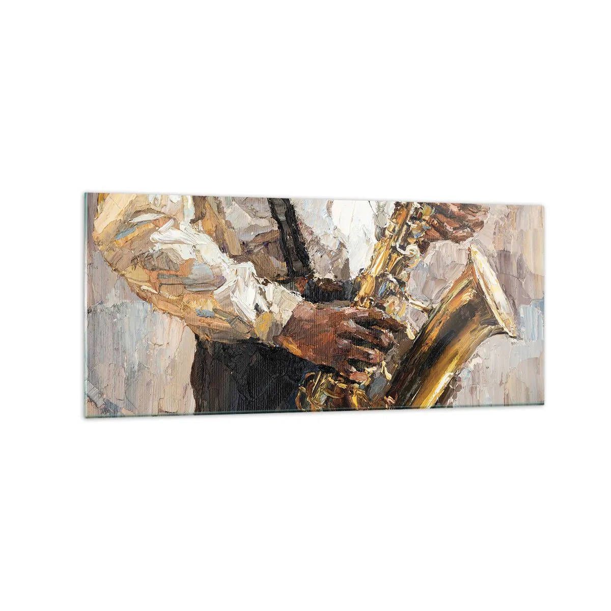 Obraz na szkle - Muzyk grający na saksofonie w artystycznym stylu - 120x50cm - Czas na solo - Nowoczesna dekoracja ścienna do salonu i sypialni ARTTOR