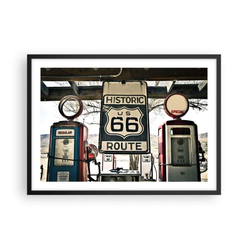 Plakat w czarnej ramie - Historyczna stacja benzynowa z symbolem Route 66 - 70x50cm - Amerykańska retro podróż - Nowoczesna dekoracja ścienna do salonu i sypialni ARTTOR