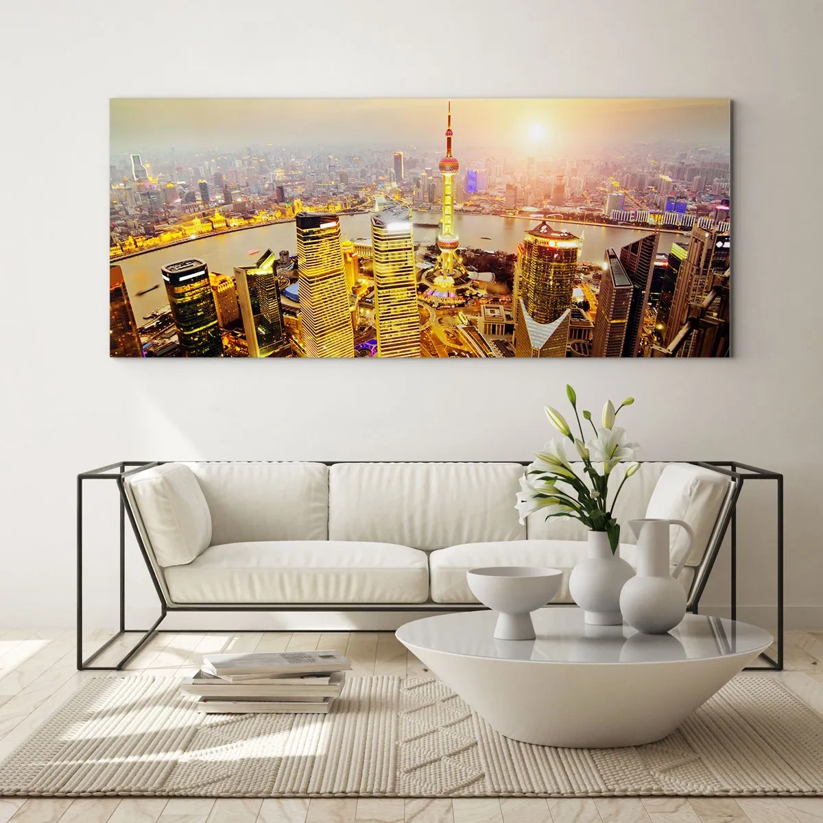 Obraz na szkle - Panorama miasta z drapaczami chmur o zachodzie słońca - 140x50cm - Azjatycki sen - Nowoczesna dekoracja ścienna do salonu i sypialni ARTTOR
