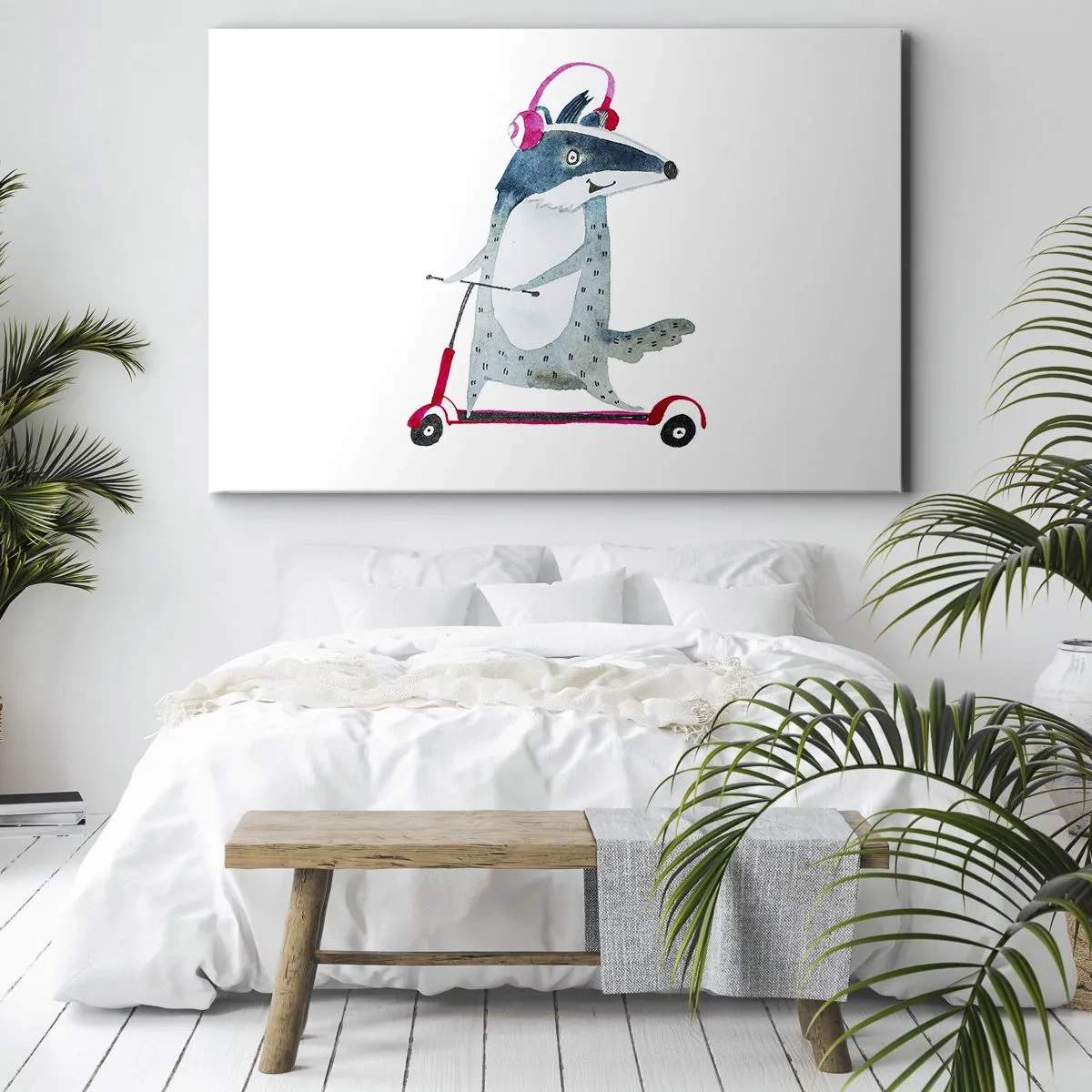 Obraz na płótnie - Borsuk na hulajnodze z różowymi słuchawkami - 70x50cm - Borsucze radości - Nowoczesna dekoracja ścienna do salonu i sypialni ARTTOR