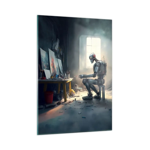 Obraz na szkle - Robot malujący obrazy w artystycznej pracowni - 50x70cm - Akt kreacji - Nowoczesna dekoracja ścienna do salonu, kuchni i sypialni ARTTOR