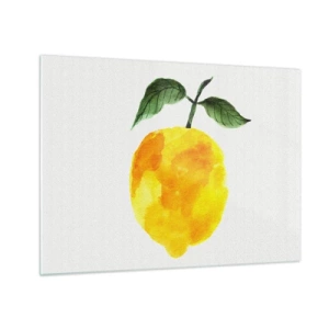 Obraz na szkle - Cytryna w stylu akwarelowym z zielonymi liśćmi - 70x50cm - Jak poznać smak słońca - Nowoczesna dekoracja ścienna do salonu i sypialni ARTTOR