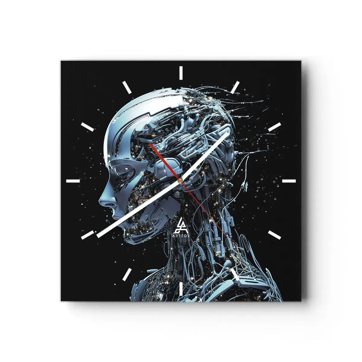Zegar ścienny - Futurystyczny portret cyborga w industrialnym stylu na czarnym tle - 30x30cm - Technologia jest kobietą - Nowoczesna dekoracja ścienna do salonu i sypialni ARTTOR