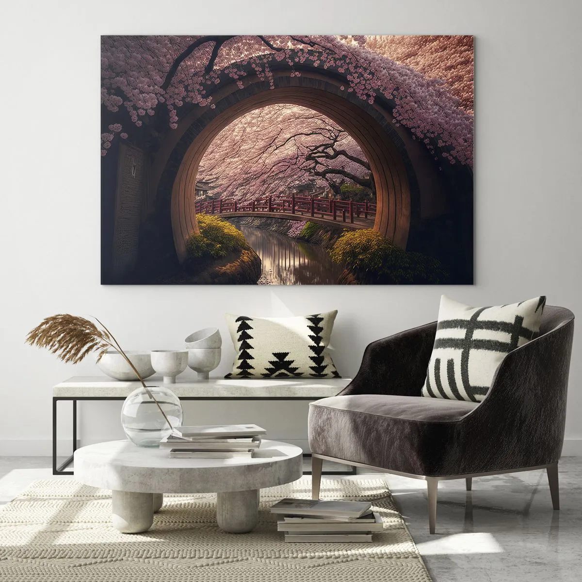 Obraz na szkle - Kwitnące wiśnie i japoński most widziane przez okrągłą bramę - 70x50cm - Japońska wiosna - Nowoczesna dekoracja ścienna do salonu i sypialni ARTTOR