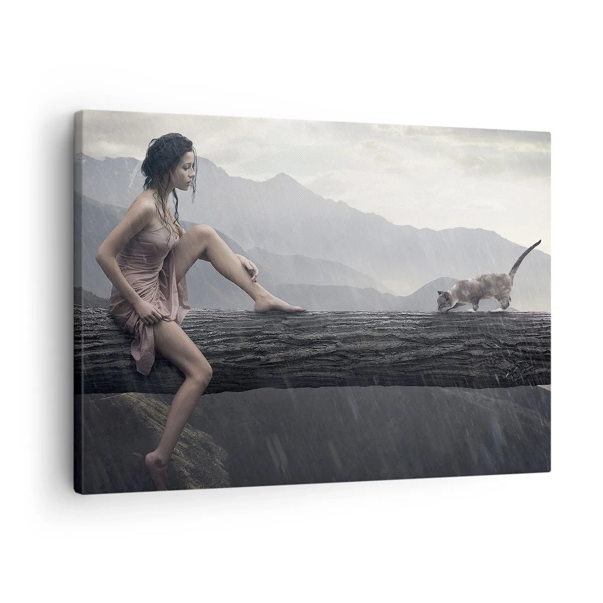Obraz na płótnie - Kobieta i kot na pniu drzewa w deszczu z widokiem na góry - 70x50cm - Szczyty piękna - Nowoczesna dekoracja ścienna do salonu i sypialni ARTTOR