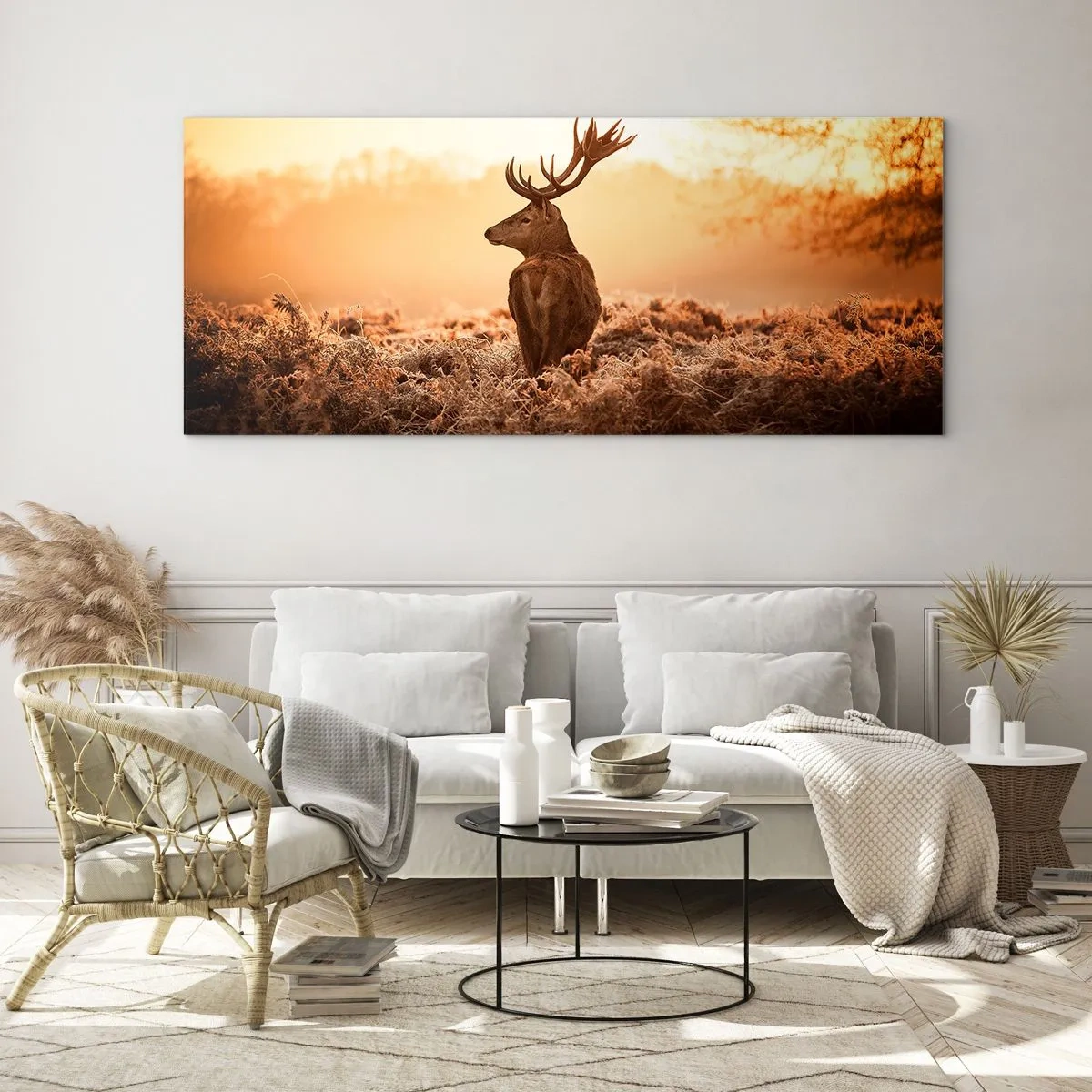 Obraz na szkle - Jeleń w promieniach wschodzącego słońca - 120x50cm - Pan na włościach - Nowoczesna dekoracja ścienna do salonu i sypialni ARTTOR