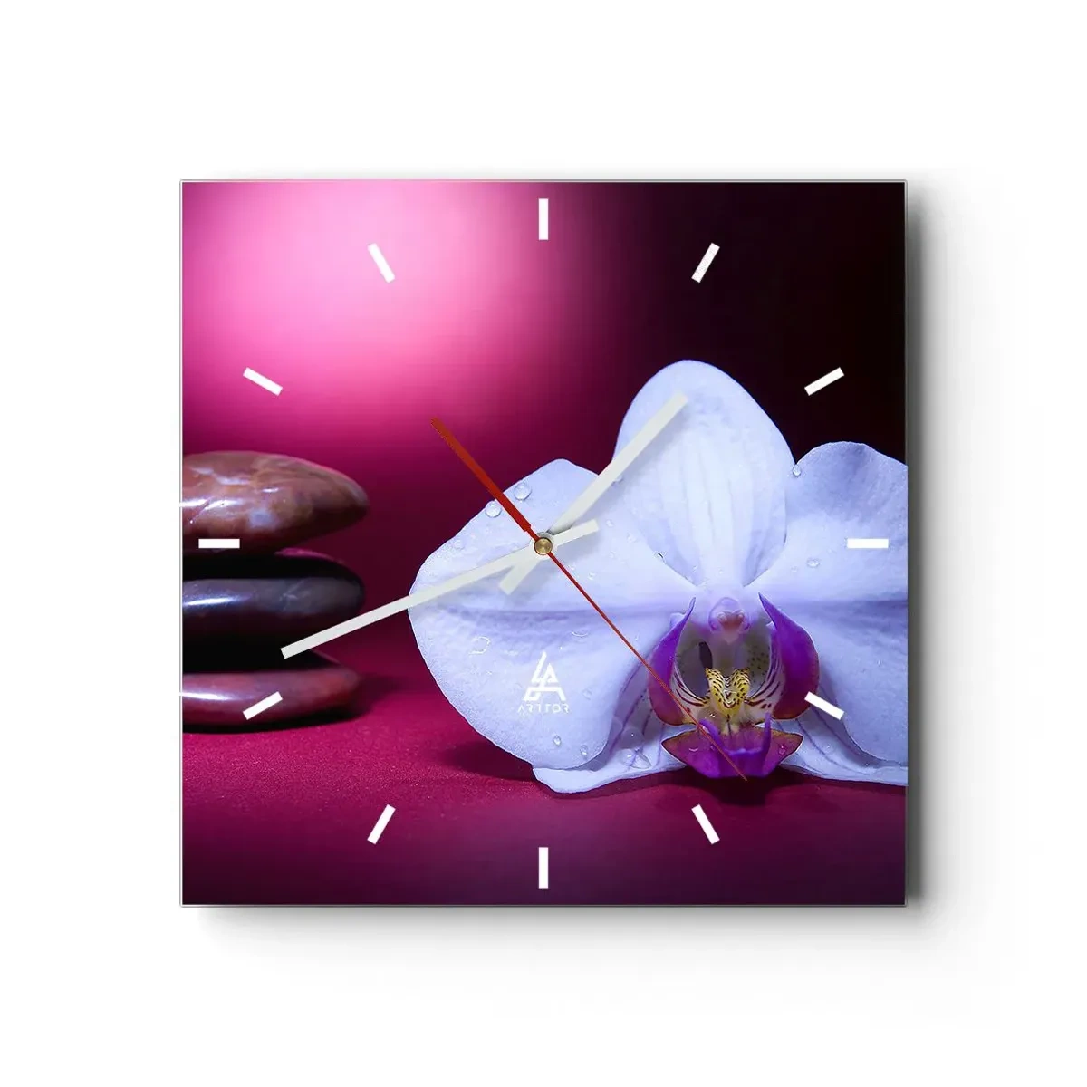 Zegar ścienny - Biała orchidea i kamienie na różowym tle - 30x30cm - Studium świeżości w fiolecie - Nowoczesna dekoracja ścienna do salonu i sypialni ARTTOR