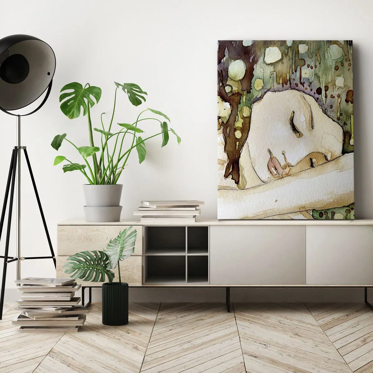 Obraz na płótnie - Kobieta śniąca w otoczeniu abstrakcyjnych kształtów i barw - 70x100cm - Szmaragdowo-fiołkowy sen - Nowoczesna dekoracja ścienna do salonu i sypialni ARTTOR