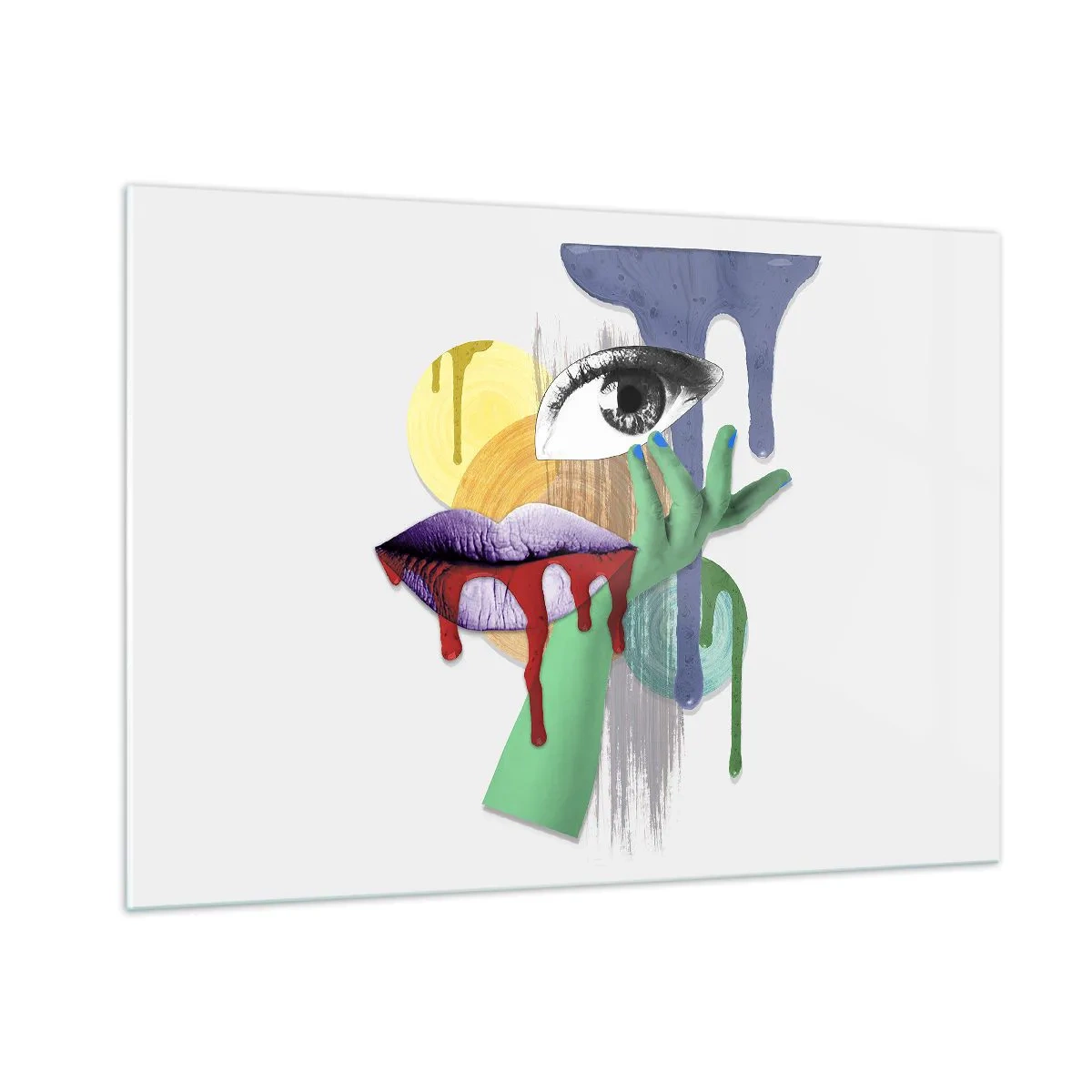 Obraz na szkle - Abstrakcyjna kompozycja z okiem, ustami i kolorami - 100x70cm - Portret zdekonstruowany - Nowoczesna dekoracja ścienna do salonu, kuchni i sypialni ARTTOR