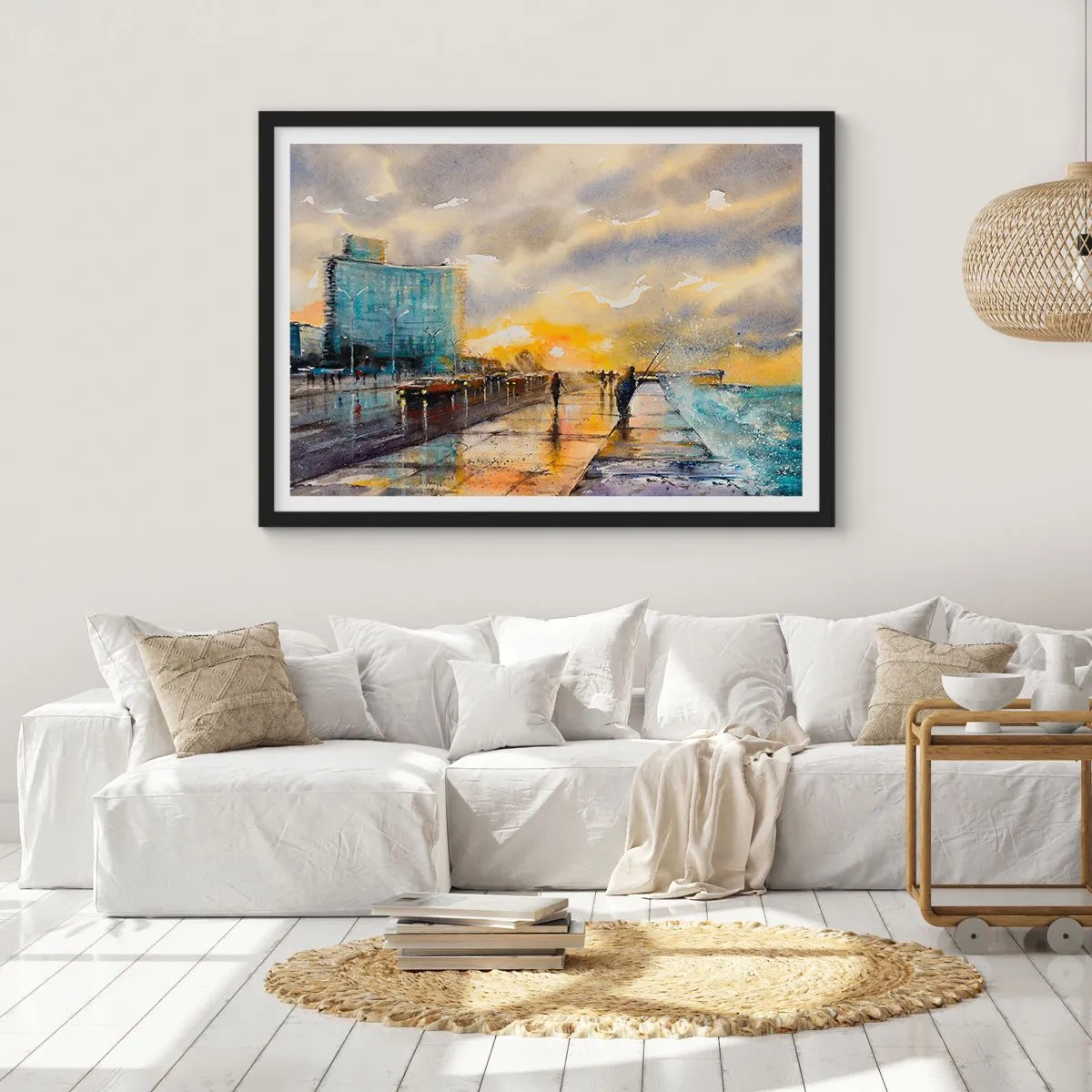 Plakat w czarnej ramie - Malowniczy widok promenady nadmorskiej o zachodzie słońca - 70x50cm - Życie na brzegu - Nowoczesna dekoracja ścienna do salonu i sypialni ARTTOR