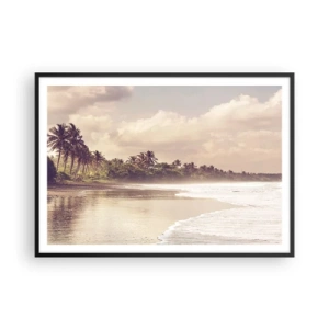 Plakat w czarnej ramie - Plaża z palmami i delikatnymi falami o poranku - 100x70cm - Pieszczota fal - Nowoczesna dekoracja ścienna do salonu i sypialni ARTTOR