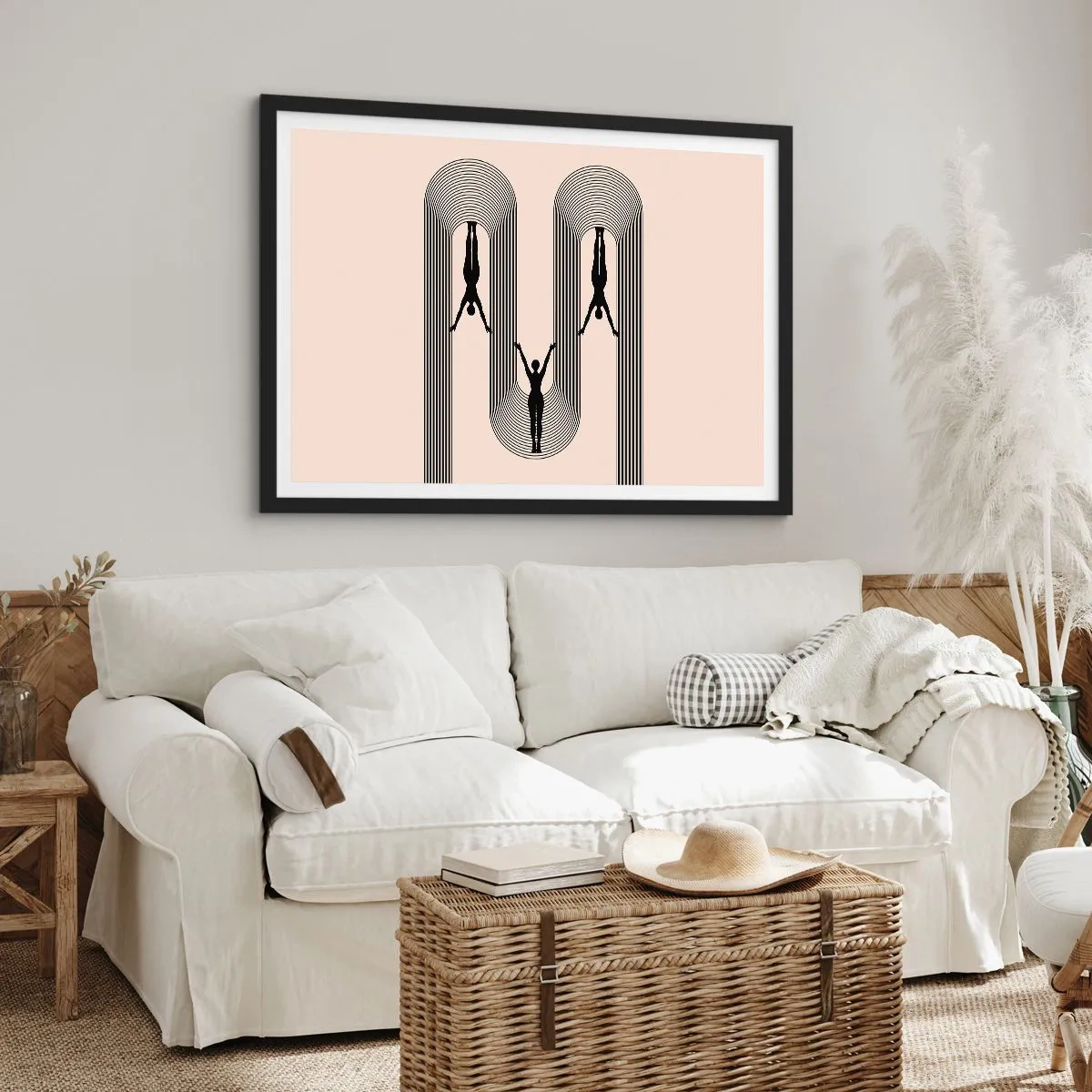 Plakat w czarnej ramie - Sylwetki w geometrycznym stylu na beżowym tle - 100x70cm - Do góry nogami - Nowoczesna dekoracja ścienna do salonu i sypialni ARTTOR