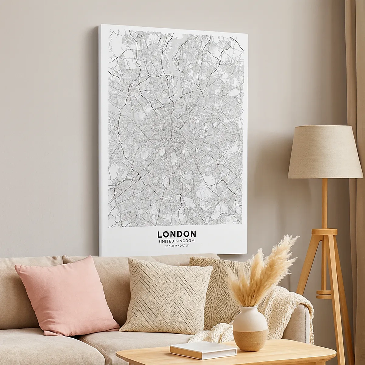 Obraz na płótnie - Czarno-biała mapa Londynu z zaznaczonymi ulicami i rzeką Tamizą - 50x70cm - Mapa londyńskiego labiryntu - Nowoczesna dekoracja ścienna do salonu, kuchni i sypialni ARTTOR