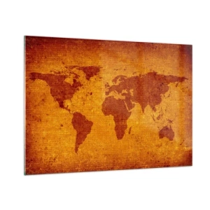 Obraz na szkle - Mapa świata w ciepłych, sepia-tonowanych barwach - 100x70cm - Zaproszenie do podróży - Nowoczesna dekoracja ścienna do salonu, kuchni i sypialni ARTTOR