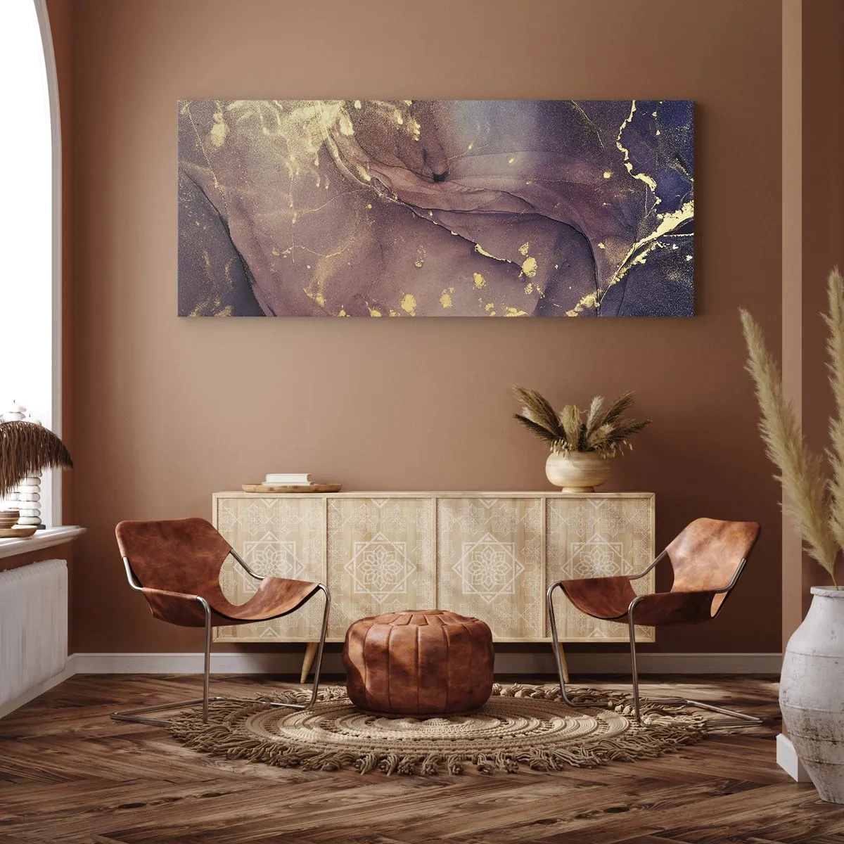 Obraz na płótnie - Abstrakcyjna kompozycja z odcieniami złota i fioletu - 160x50cm - Materia i duch - Nowoczesna dekoracja ścienna do salonu i sypialni ARTTOR
