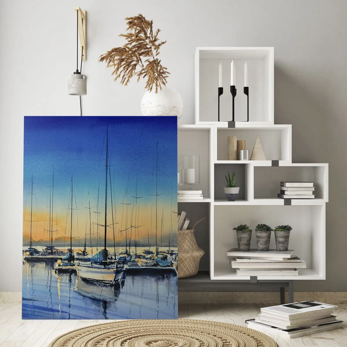 Obraz na szkle - Żaglówki w porcie o zachodzie słońca - 50x70cm - Koniec dobrego dnia - Nowoczesna dekoracja ścienna do salonu, kuchni i sypialni ARTTOR
