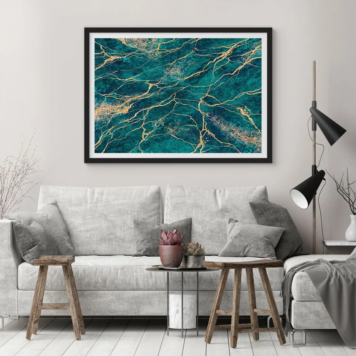 Plakat w czarnej ramie - Teksturowany wzór marmuru w odcieniach turkusu i złota - 100x70cm - Żyła złota - Nowoczesna dekoracja ścienna do salonu i sypialni ARTTOR
